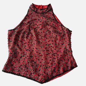 Papell Boutique Red & Black Beaded Evening Halter Top M 100% Silk Elegant Design